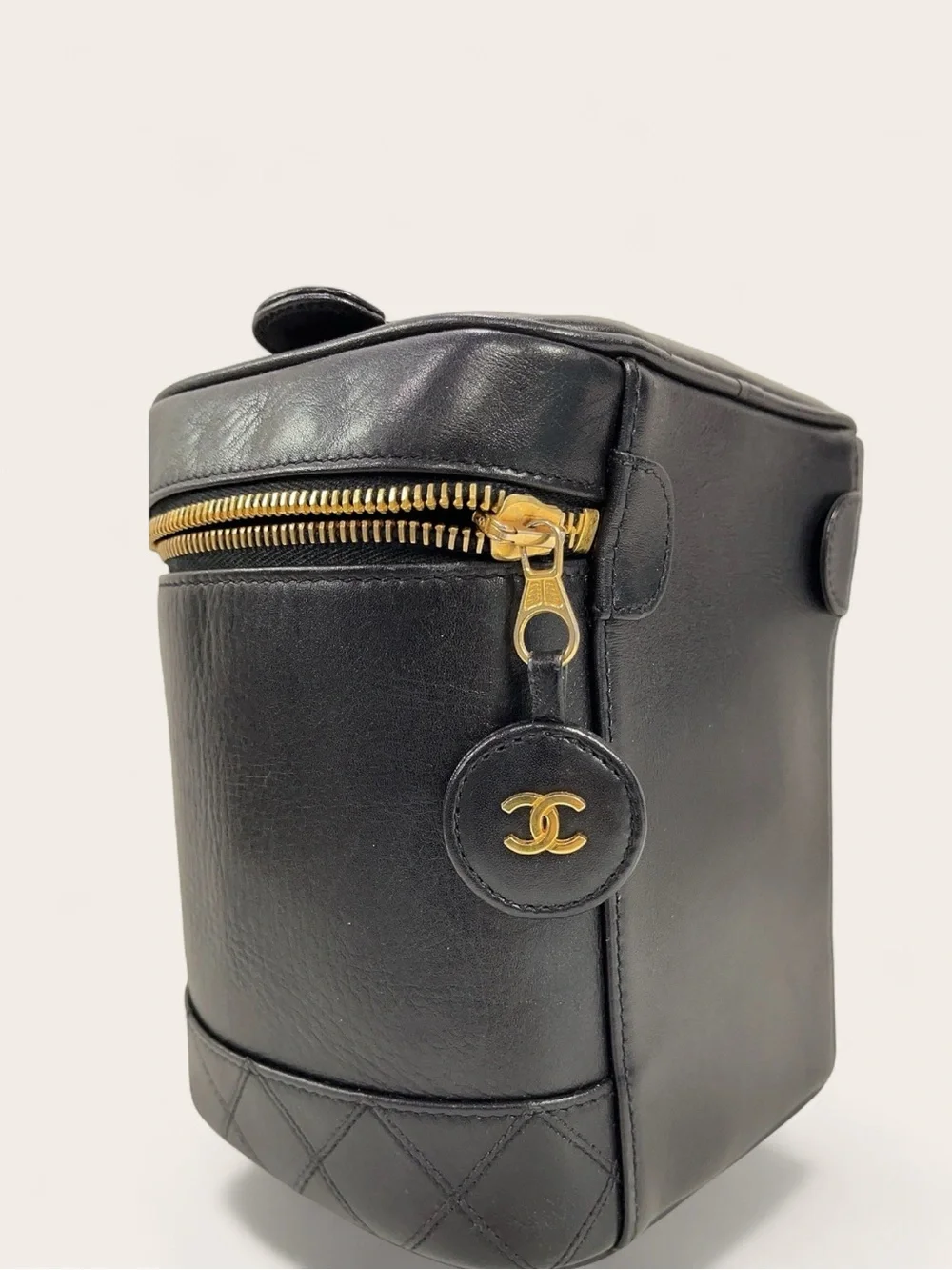 Vintage Chanel Black Caviar Leather Vanity Case Top Handle  Bag Gold Hardware